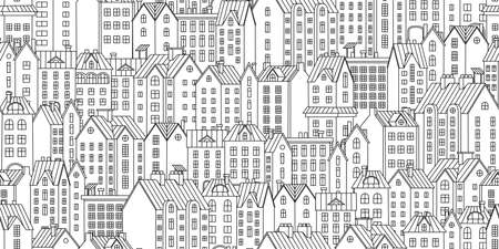 Vector seamless background with townhouses. Hand-drawn houses in one color. Stock vector background.のイラスト素材