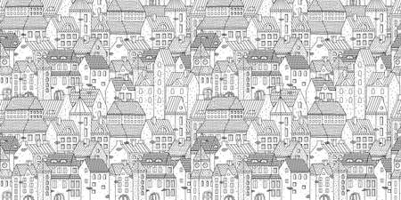 Vector seamless background with European townhouses. Hand-drawn houses in one color. Stock vector background.のイラスト素材