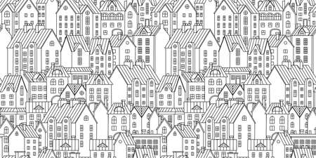 Vector seamless pattern with townhouses. Hand-drawn houses in black and white. Stock vector background.のイラスト素材