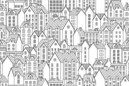 Vector seamless background with townhouses. Hand-drawn houses in black and white. Stock vector illustration.のイラスト素材