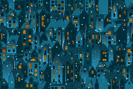 Vector seamless winter background with night town and falling snow. Hand-drawn townhouses with chimney smoke. Stock vector background.のイラスト素材