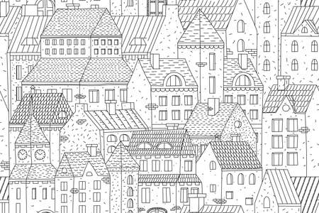 Hand-drawn vector seamless background with townhouses. European buildings in one color. Stock vector background.のイラスト素材