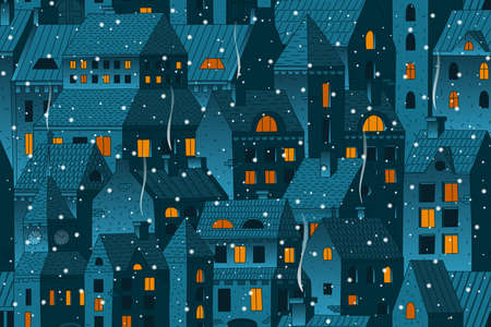 Hand-drawn vector seamless background with townhouses. Night townhouses with chimney smoke. Stock vector background.のイラスト素材