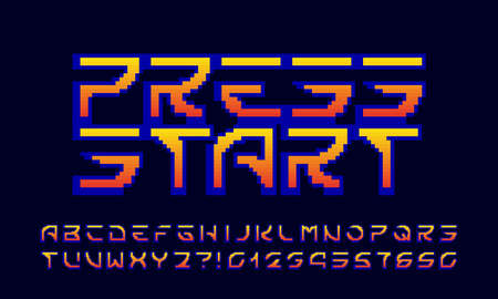 Press start alphabet font. Pixel letters, numbers and punctuations. 80s arcade video game typescript.のイラスト素材