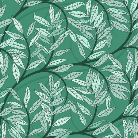 Leaves and branches seamless background in green colors. Stock vector illustrationのイラスト素材