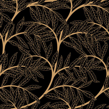 Leaves and branches seamless background. Black and gold colors. Stock vector illustrationのイラスト素材