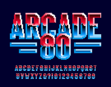 Arcade 80 alphabet font. Pixel letters and numbers. 80s arcade video game typescript.のイラスト素材