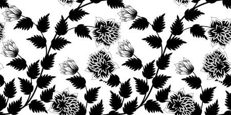 Flowers and leaves seamless background in black and white. Stock vector illustrationのイラスト素材