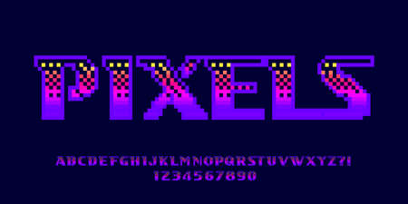 Pixels alphabet font. Pixel letters and numbers. 80s arcade video game typeface.のイラスト素材