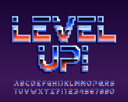 Level Up alphabet font. Pixel letters and numbers. 80s arcade video game typeface.のイラスト素材