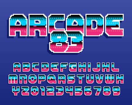 Arcade 83 alphabet font. Digital letters and numbers. 80s arcade video game typescript.のイラスト素材