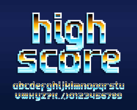 High Score alphabet font. Pixel letters and numbers. 80s arcade video game typeface.のイラスト素材