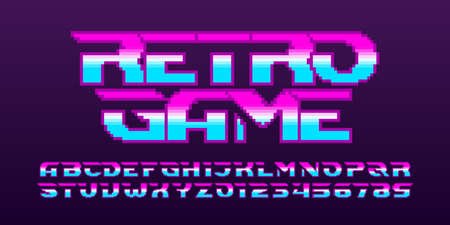 Retro Game alphabet font. Pixel letters and numbers. 80s arcade video game typeface.のイラスト素材