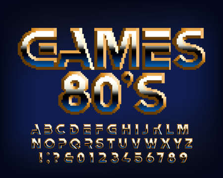 Games 80s alphabet font. Pixel letters and numbers. 80s arcade video game typeface.のイラスト素材