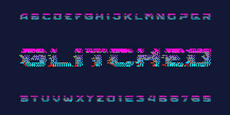 Glitched alphabet font. Distorted pixel letters and numbers. 80s arcade video game typescript.のイラスト素材