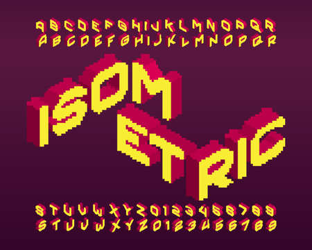 3D isometric alphabet font. Pixel letters and numbers. 80s arcade video game typescript.のイラスト素材
