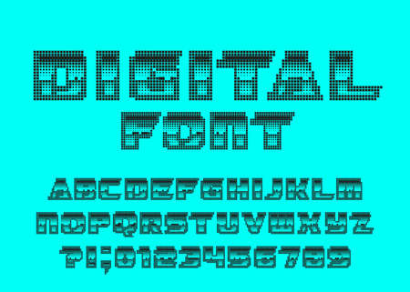 Digital alphabet font. Pixel letters and numbers. 80s arcade video game typescript.のイラスト素材