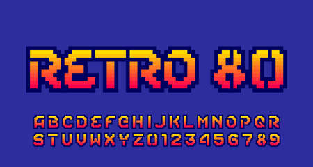 Retro 80 alphabet font. Pixel letters and numbers. 80s arcade video game typescript.のイラスト素材