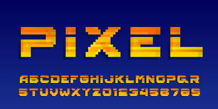 Pixel alphabet font. Digital letters and numbers. 80s arcade video game typescript.のイラスト素材