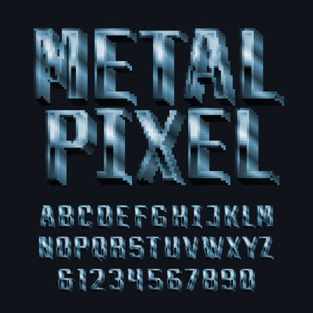 Metal Pixel alphabet font.3D pixel letters and numbers. 80s arcade video game typeface.のイラスト素材