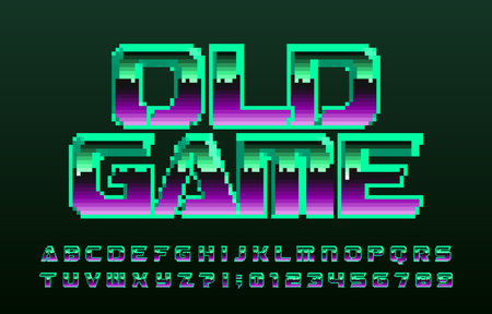 Old Game alphabet font. Digital letters and numbers. 80s arcade video game typeface.のイラスト素材