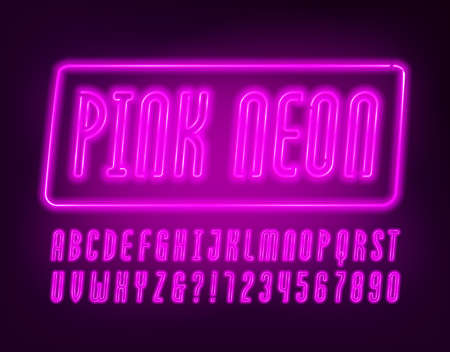 Pink Neon alphabet font. Neon narrow letters, numbers and symbols. Stock vector typescript for your design.のイラスト素材