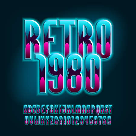 Retro 1980 alphabet font. Glowing letters and numbers. Stock vector typeface for your typography in retro 80s style.のイラスト素材