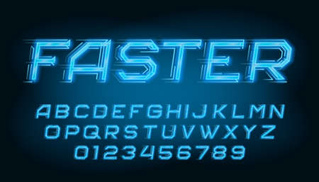 Faster alphabet font. Speed effect neon letters and numbers. Stock vector typeface for your typography.のイラスト素材