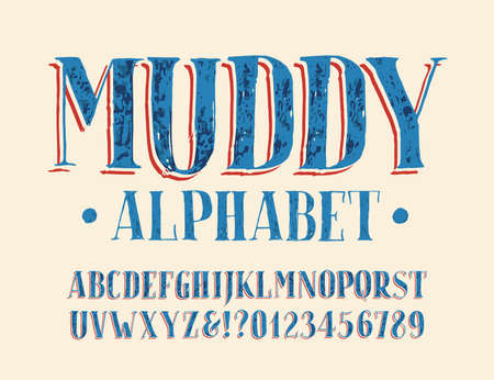 Muddy alphabet font. Colorful hand drawn messy letters and numbers. Stock vector typescript for your typography design.のイラスト素材