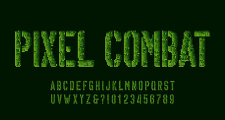 Pixel Combat alphabet font. Pixel camo letters and numbers. 80s arcade video game typeface.のイラスト素材