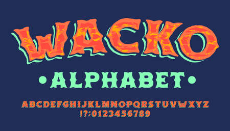 Wacko alphabet font. Multicolor handwritten messy letters and numbers. Stock vector typescript for your typography design.のイラスト素材