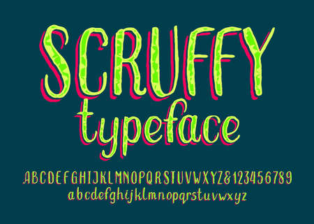 Scruffy alphabet font. Hand drawn messy letters and numbers. Uppercase and lowercase. Stock vector typescript for your typography design.のイラスト素材