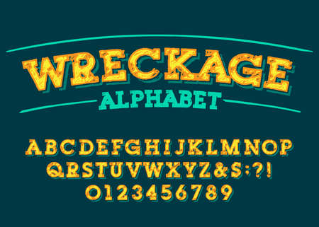 Wreckage alphabet font. Damaged letters and numbers. Stock vector typescript for your typography design.のイラスト素材