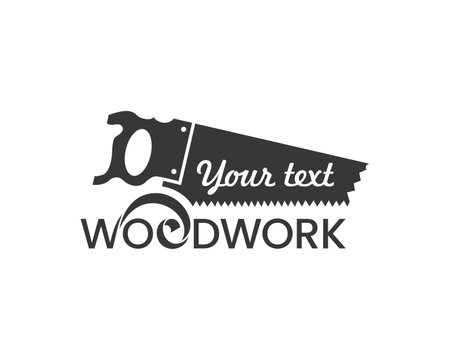 Woodwork icon template. Simple emblem with a hand saw in one color. Stock vector illustration for woodwork shop or carpentry.のイラスト素材