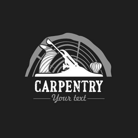 Carpentry icon template. Simple emblem with a plane in two colors on black. Stock vector illustration for woodwork shop or carpentry.のイラスト素材