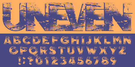 Uneven alphabet font. Sloppy halftone letters, numbers and symbols. Stock vector typescript.のイラスト素材