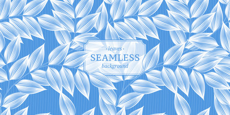 Abstract seamless background with leaves and branches in blue. Organic product label template. Stock vector illustration.のイラスト素材