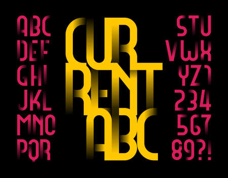 Current alphabet font. Narrow letters and numbers with transparency elements. Stock vector typeface for your typography design.のイラスト素材
