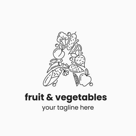 Letter A made of fruit and vegetables. Eco food concept. Stock vector illustration.のイラスト素材