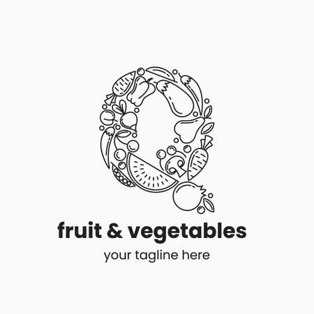 Letter Q made of fruit and vegetables. Organic food  concept. Stock vector illustration.のイラスト素材