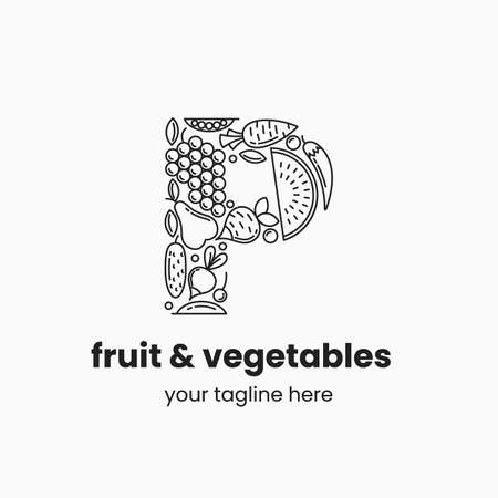 Letter P made of fruit and vegetables. Organic food  concept. Stock vector illustration.のイラスト素材