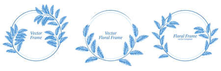 Set of vector floral frames with hand drawn leaves and branches in blue colors. Stock vector illustrationのイラスト素材