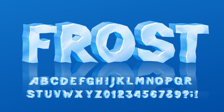 Frost alphabet font. 3D cartoon ice letters, numbers and symbols. Stock vector typescript for your typography design.のイラスト素材
