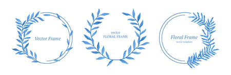 Set of vector floral frames in blue. Round borders with hand drawn leaves and branches. Stock vector illustrationのイラスト素材