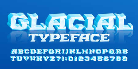 Glacial alphabet font. 3D cartoon ice letters, numbers and symbols. Stock vector typescript for your typography design.のイラスト素材
