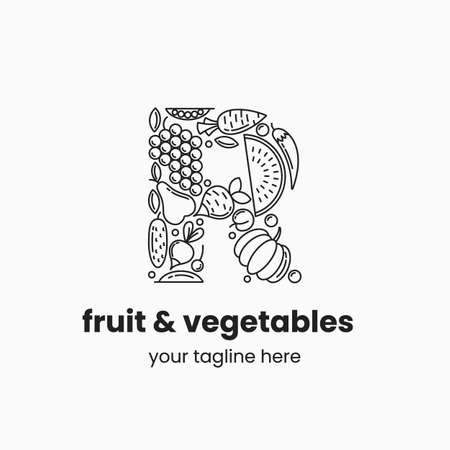 Letter R made of fruit and vegetables. Organic food  concept. Stock vector illustration.のイラスト素材