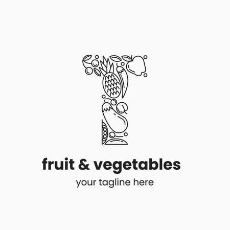 Letter T made of fruit and vegetables. Organic food  concept. Stock vector illustration.のイラスト素材