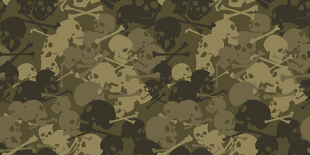 Skulls and bones camo seamless pattern. Camouflage in green colors. Military vector background for your design.のイラスト素材