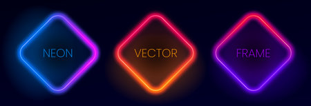 Set of glowing neon frames. Collection of rhombus neon borders. Abstract background in vibrant colors with copy space. Stock vector futuristic design elements.のイラスト素材