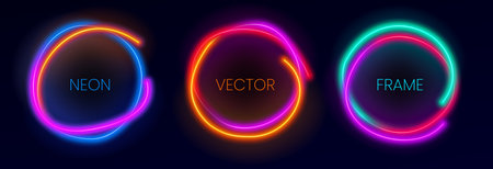 Set of glowing neon frames. Collection of line neon borders. Abstract background in vibrant colors with copy space. Stock vector futuristic design elements.のイラスト素材